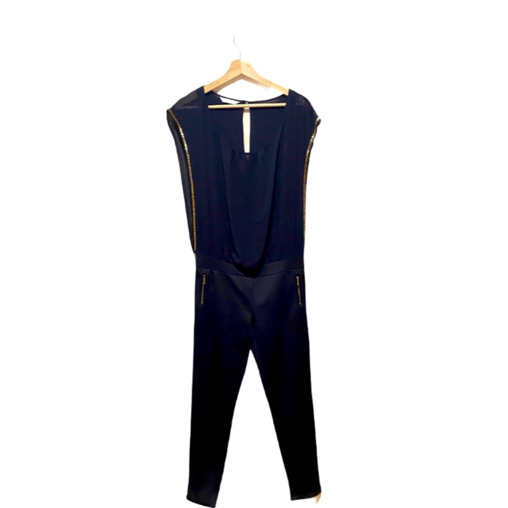 Promod Brand Black With Gold Piped Trim Jumpsuit